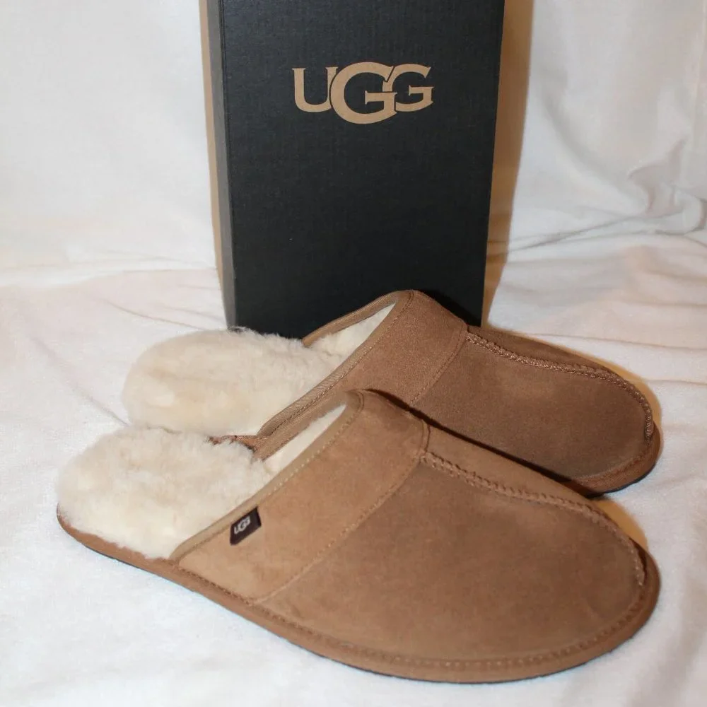 NIB UGG MEN'S SUEDE SHEARLING SCUFF SLIP ON SLIPPERS CHESTNUT